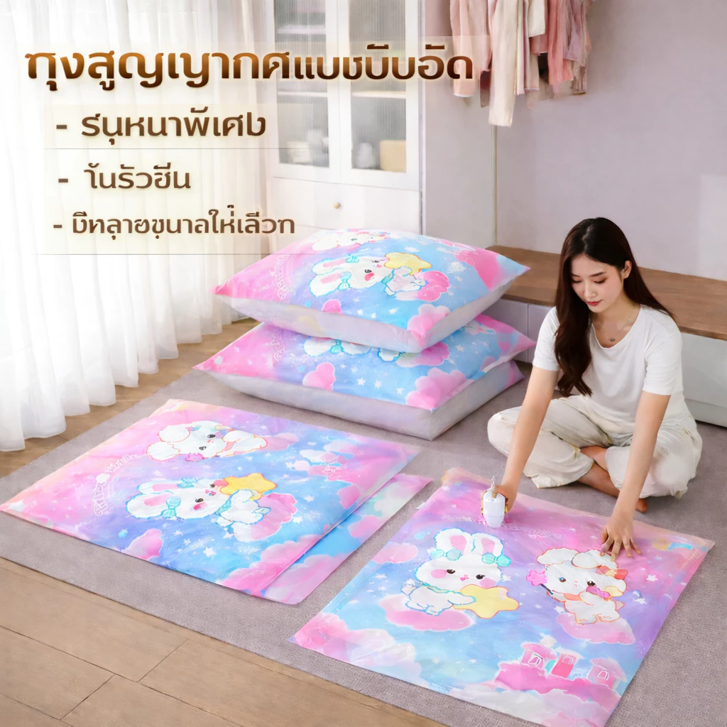 ถุงสูญญากาศเก็บผ้านวม ถุงบีบอัดสูญญากาศ สำหรับเสื้อผ้า ผ้าห่ม ขนาดใหญ่ 50x70 60x80 80x100 ซม. วัสดุ PA+PE รุ่นหนาพิเศษ ก thumbnail 5