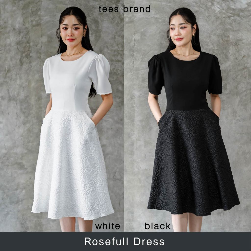 TEESBRAND ชุดทำงานคอกลม แขนสั้นหัวแขนยก ทรงบาน กระโปรงผ้าลายดอกไม้ปั๊มนูนในตัว เดรสดำ ชุดสุภาพ ชุดดำงานศพ