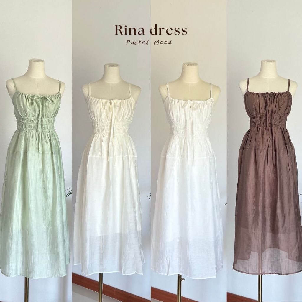 Rina Dress เดรสยาวสายเดี่ยว รูดเชือกผูกโบว์ สายหวานสไตล์เกาหลี