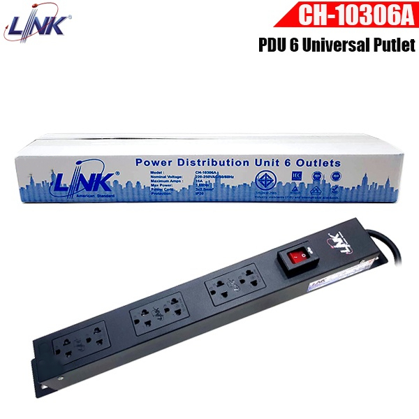 Link CH-10306A PDU ปลั๊กตู้แร็ค 6ช่อง Universal Outlet (Lighting SW+Protection LED)