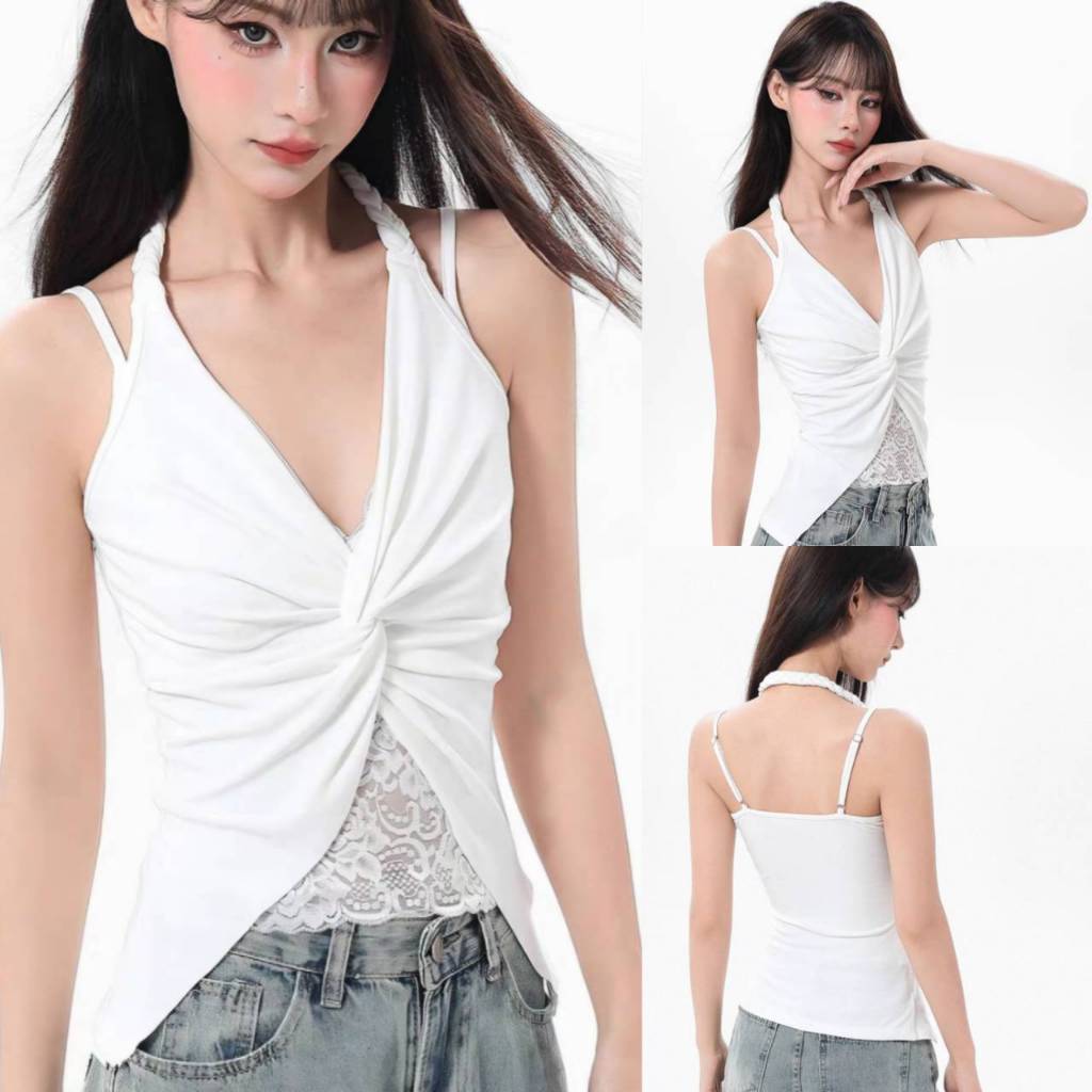 SPND【พร้อมส่ง】เสื้อสายเดี่ยวคอวี ลูกไม้ซีทรูช่วงเอว ช่วยเน้นสัดส่วน มี2สี
