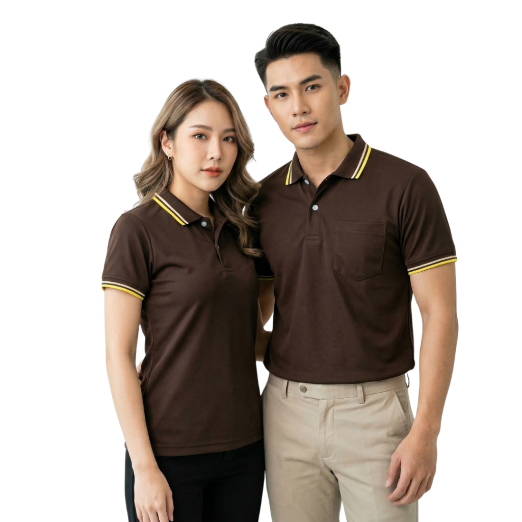 เสื้อโปโลสีน้ำตาล ปกริ้วกากีน้ำเงินเหลือง polopeak