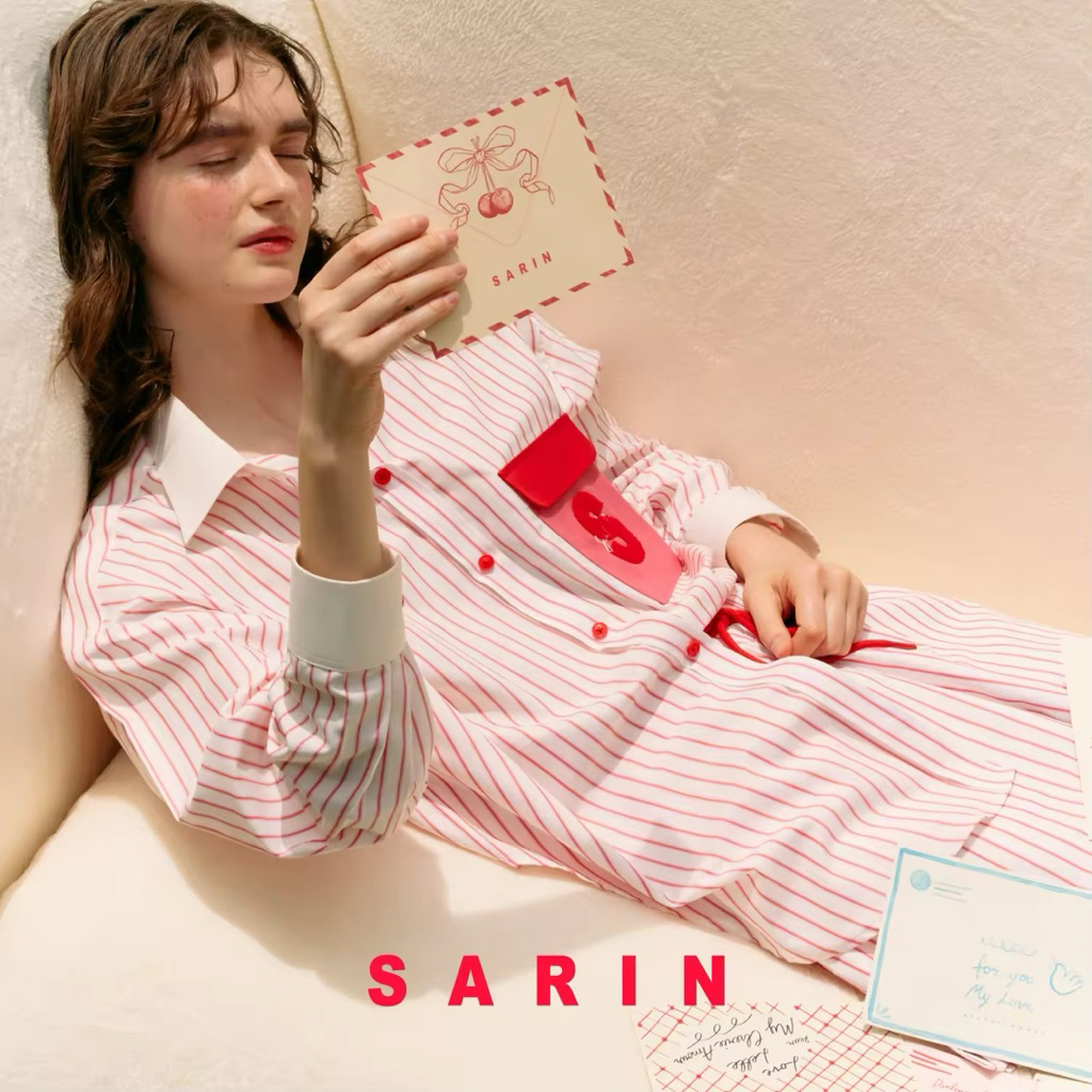 Sarin  - PuiPui pinstripe shirt เสื้อเชิ้ตลายปัก ปุยปุย สี Cheri Red ♥️ NEW IN PACK ของใหม่