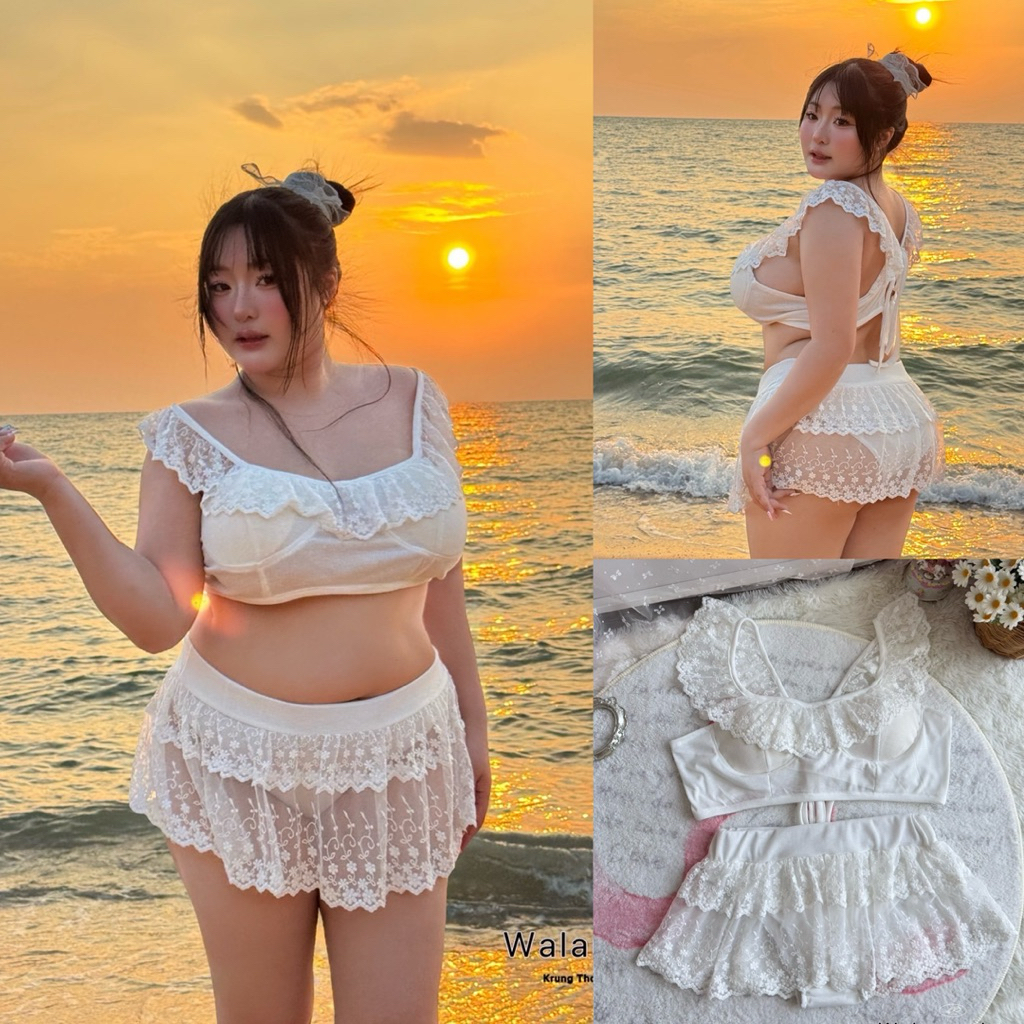 /WP/ บิกินี่สาวแวบ แต่งลูกไม้ทั้งตัว มีไซส์อก38-52 เสื้อมีบรา+กางเกงแต่งลูกไม้ระบาย2ชั้น สไตล์เฟมินีน ถ่ายรูปขึ้นมาก
