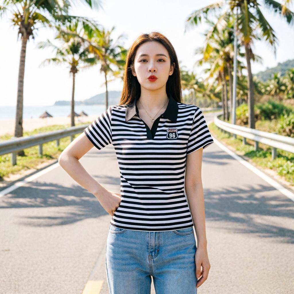 Polo Shirt Women Striped Black White เสื้อคอปก ผู้หญิง เนื้อผ้าวุ่น นุ่มสบาย ไม่ร้อน