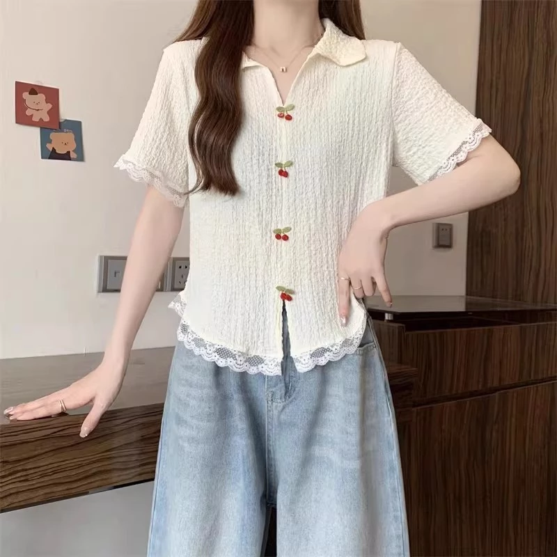 Red Berry เสื้อแขนสั้นคอวีเปิดไหล่ลายซากุระ ชายลูกไม้ W708 thumbnail 3