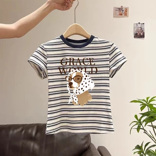เสื้อยืดลายทางลายสุนัขสุดน่ารัก สไตล์เกาหลี ผ้าคอตตอนคุณภาพดี M-3XL ใส่สบายไม่ร้อน เหมาะใส่ทุกวัน