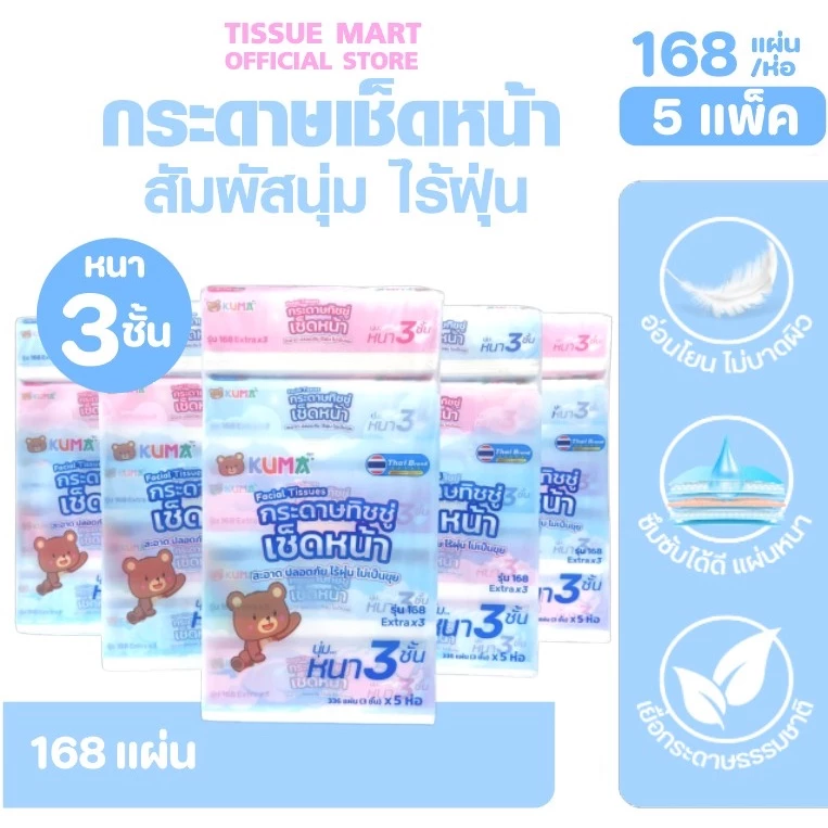 (LIVE)[เซท 5 แพค] KUMA คุมะ กระดาษทิชชู่เช็ดหน้า ห่อ 168แผ่น แพค 5ห่อ หนา3ชั้น
