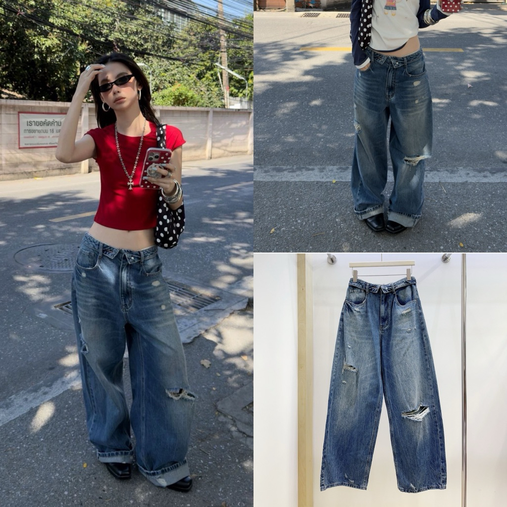 ส่งด่วน 🛵 26K075 MMFISH 𝗥𝗘𝗧𝗥𝗢 𝗙𝗔𝗗𝗘𝗗 𝗪𝗜𝗗𝗘 𝗝𝗘𝗔𝗡𝗦 กางเกงยีนส์ที่สายเท่ต้องมี! รุ่นนี้ทรงกระบอกใหญ่