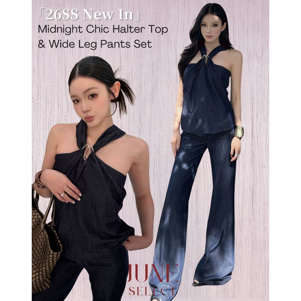 【June Studio Select】ชุดสองชิ้นสไตล์ Retro ล้าง Denim พร้อมTube Top และกางเกงเอวสูงขาบาน ทรงเรียวยาว