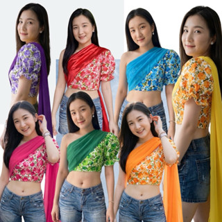 เสื้อครอปสไบ ลายดอก แขนตุ๊กตาไหล่เดียว Freesize สม็อคหลัง