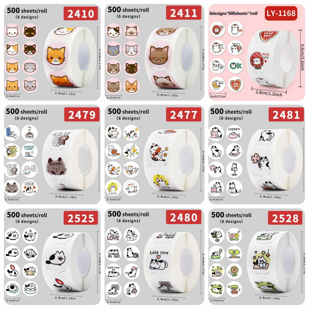 ( LY ) สติกเกอร์ญี่ปุ่น "รวมลายแมว" น่ารักมาก ขนาด 2.5 ซ.ม 500 ดวง/ม้วน