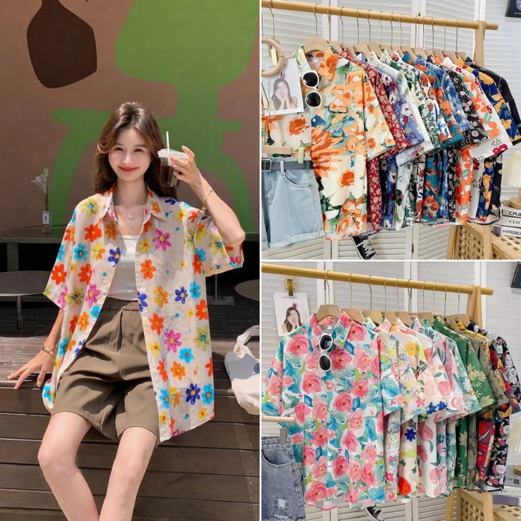 cherryshop พร้อมส่ง เสื้อผู้หญิงแขนสั้นลายดอกไม้สำหรับเทศกาลน้ำฤดูร้อน S-2XL ลำลองหลวมๆ สไตล์รีสอร์ทสบายๆ