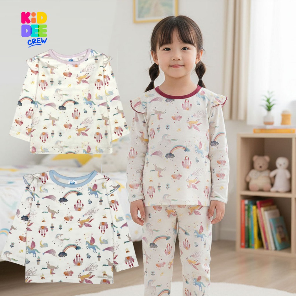 KiddeeCrew ชุดนอนเด็ก ครีมเหลืองลายแมว เหมาะสำหรับอายุ 1-14 ปี