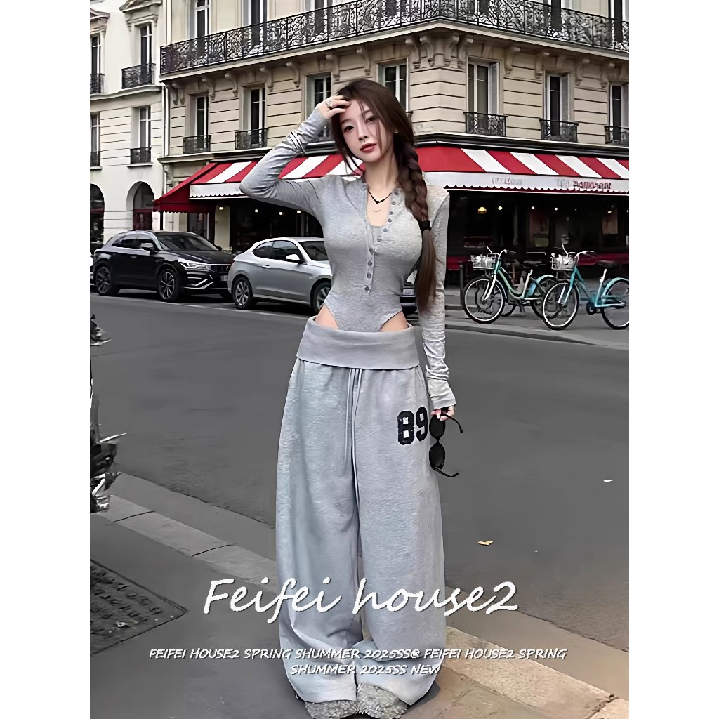 [One-piece button-up top pants set]เซ็ตเสื้อตัวยาวสตรีสไตล์วินเทจสตรีทและกางเกงขากว้างลายพิมพ์