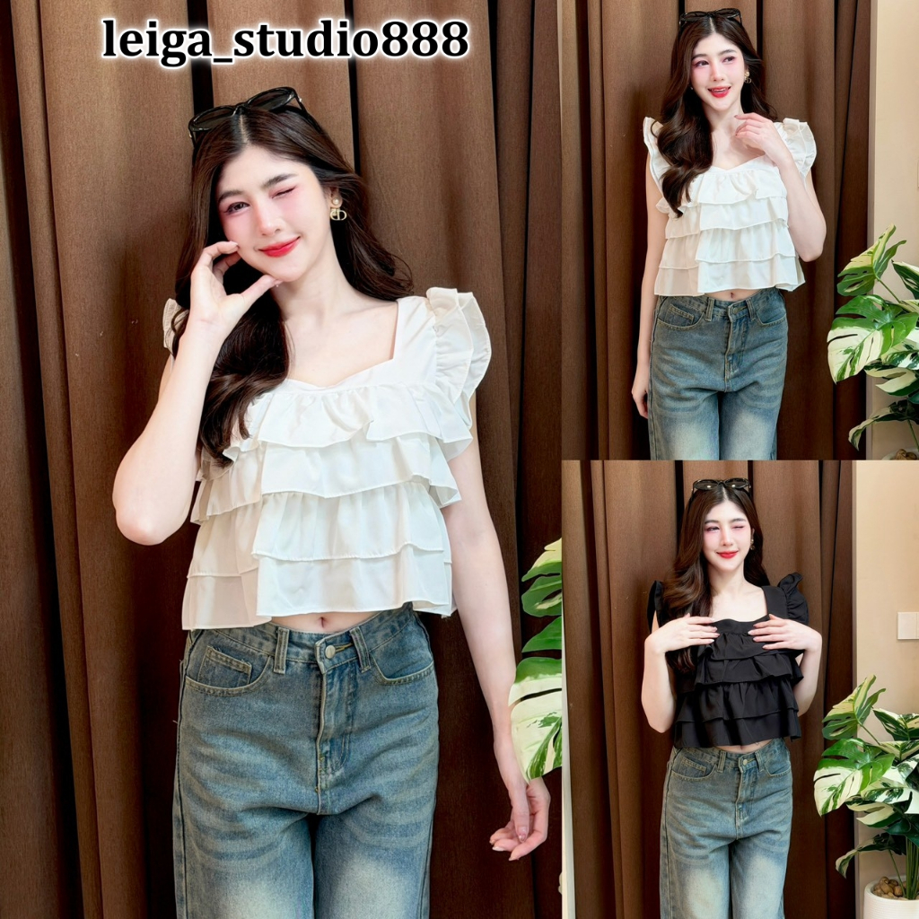 เสื้อแฟชั่น ผ้าไหมอิตาลี คอเหลี่ยม ดีเทลแต่งระบายชั้นๆ พร้อมสายผูกหลัง สไตล์เวียดนาม ใส่แมท  LG133