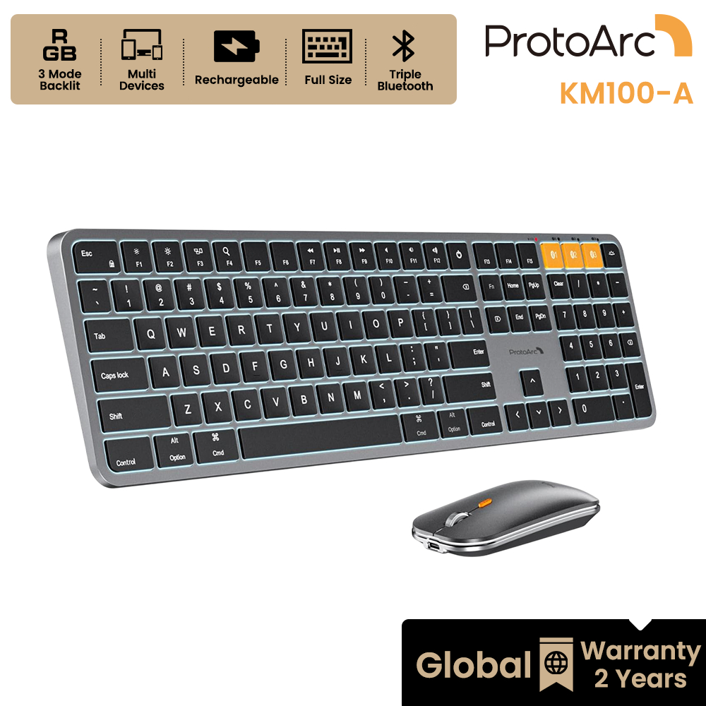 ProtoArc KM100-A คีย์บอร์ดและเมาส์ไร้สาย สำหรับ Mac บลูทูธ 3 อุปกรณ์ ชาร์จไฟได้ ไฟ Backlit ดีไซน์บาง รับประกัน 2 ปี