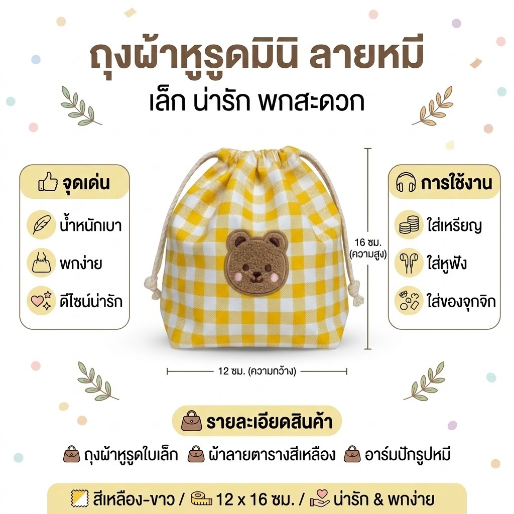 ถุงผ้าหูรูด ใบเล็ก+การ์ตูน (ผ้า Cotton) ลายน่ารัก จัดส่งไว ราคา ถูกที่สุด ดีลบีเคเค แกลเลอรีภาพที่ 6