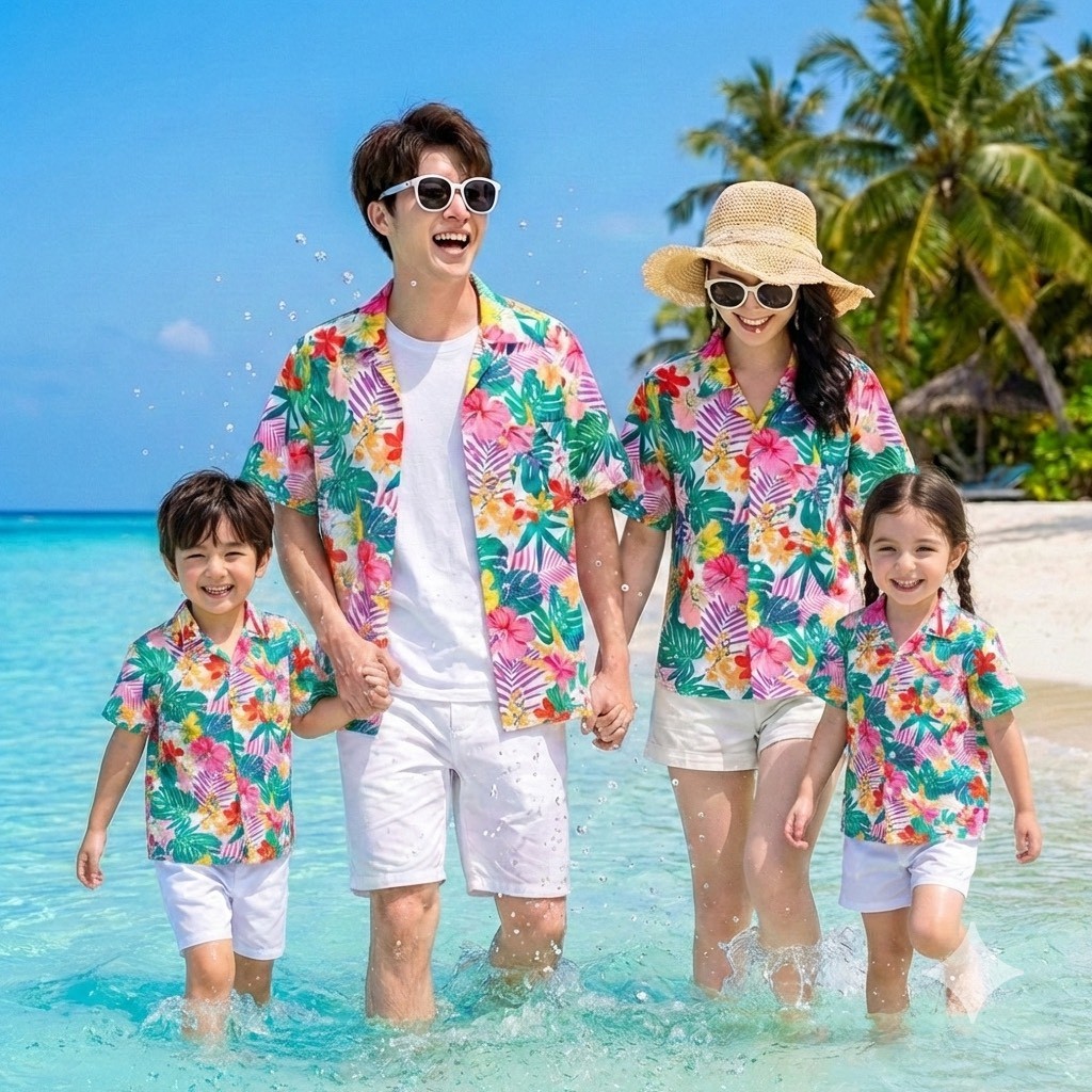 PINK3119เสื้อฮาวายลายดอก ไซส์เด็ก-ผู้ใหญ่8XL ครบทีม ผ้าโพลีพลีเมี่ยม ทรงวัยรุ่น หญิงชายใส่ได้ ลายคมชัด **1ตัว**