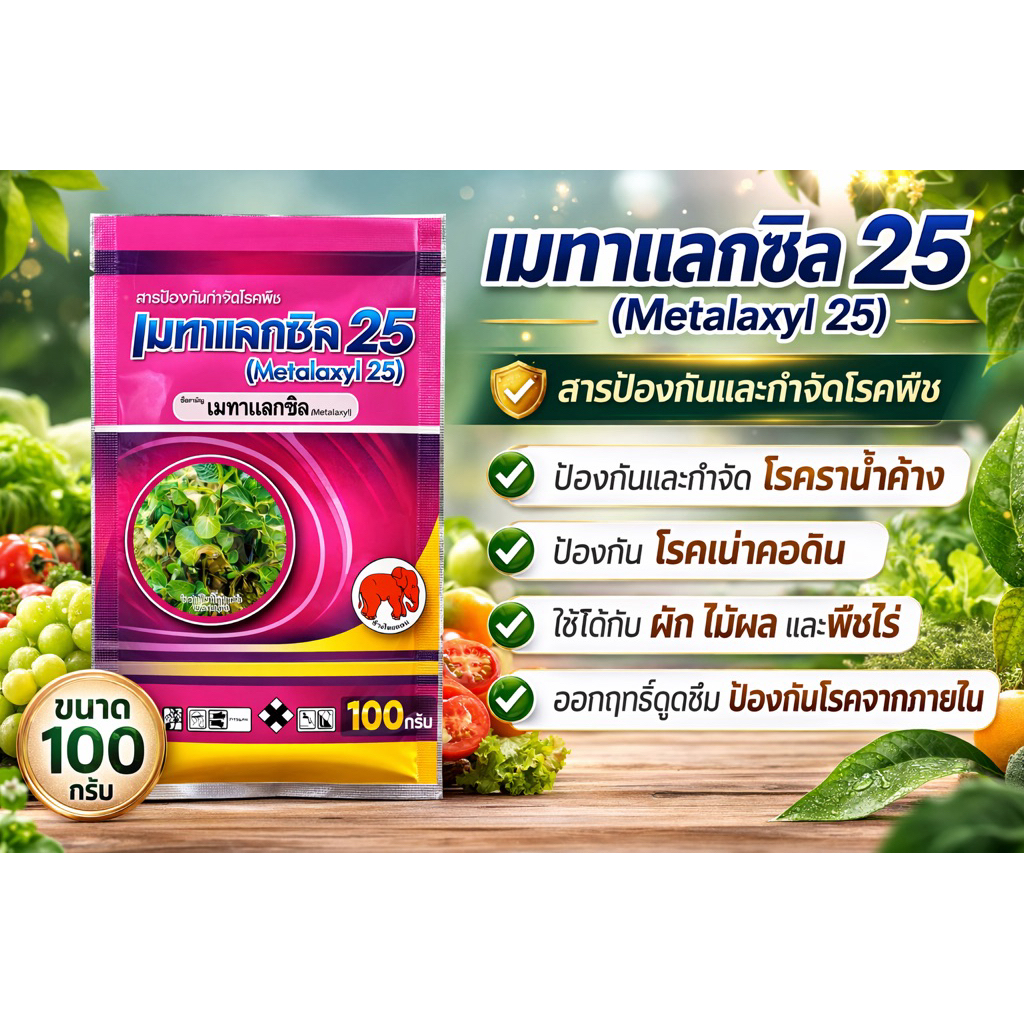 เมทาแลกซิล (metalaxyl) 25% WP ขนาด 100 กรัม กำจัดเชื้อรา รากเน่า โคนเน่า โรคไฟท๊อปเทอร่า โรคเนาคอดิน