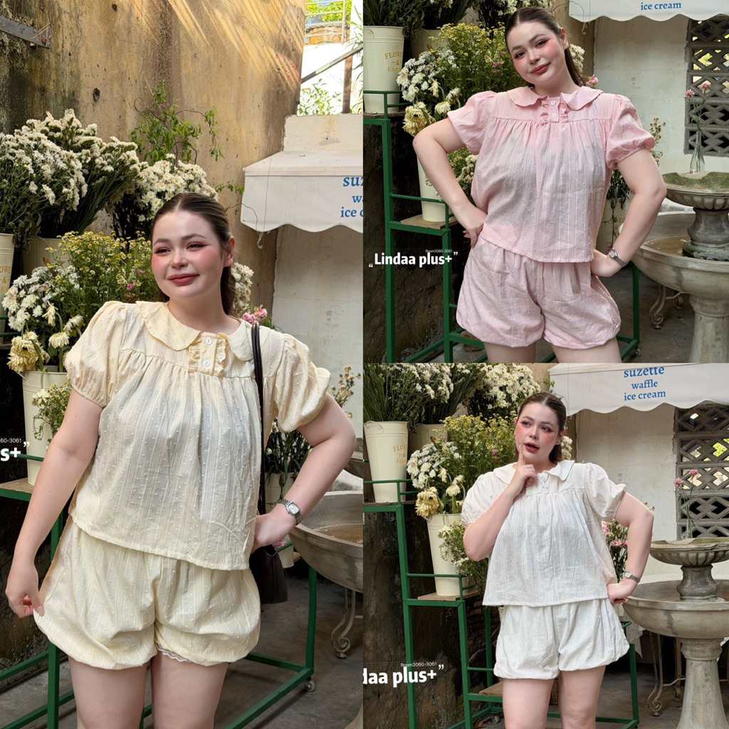 (LD) เซ็ต2ชิ้น เสื้อคอบัวแขนพอง+กางเกงขาบอลลูน น่ารักมาก สีละมุน ผ้ามีเทคเจอร์ เสื้อผ้าสาวอวบอ้วน พลัสไซส์ ไซส์ใหญ่