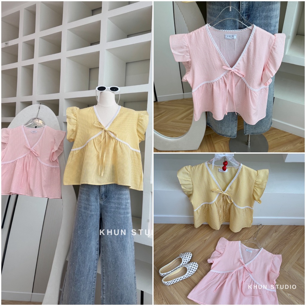 KN.Clothes เสื้อแขนระบาย คอวี แต่งขอบลูกไม้ โบว์หน้า Khun.Studio