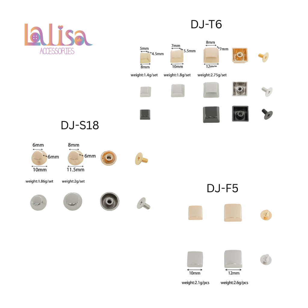 อะไหล่หมุดโลหะตกแต่งกระเป๋า งานหนังแฟชั่น  หมุดสกรูอะไหล่กระเป๋า  alloy rivet DJ S18 /T6/ F5