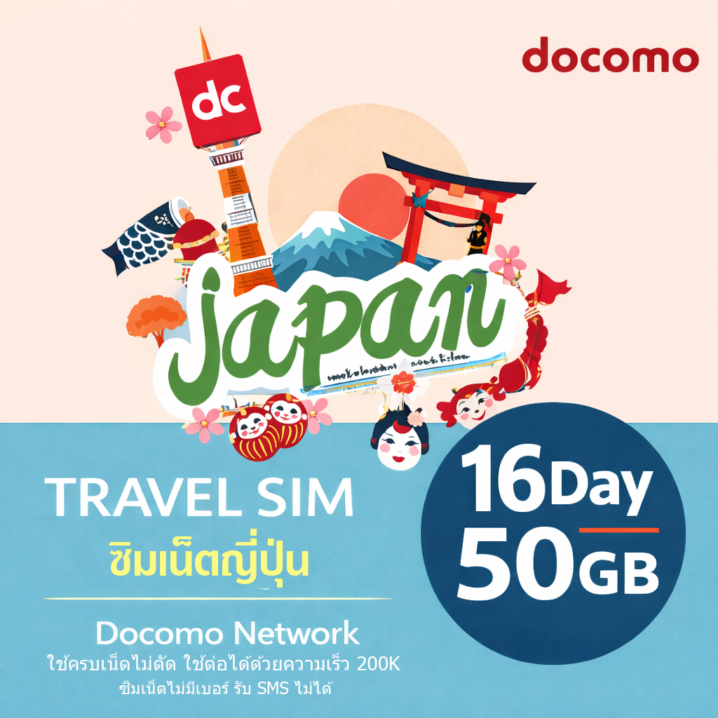 ซิมญี่ปุ่น Japan Sim Docomo 16 วัน/50GB ใช้ครบเน็ตไม่ตัด ลดความเร็ว 200K | Japan Travel Sim | ซิมญี่