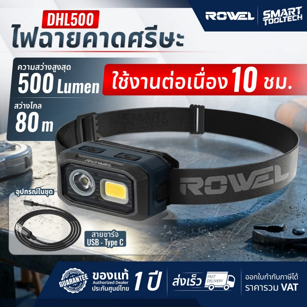 🔥รุ่นใหม่ปี2026 ส่งด่วน🔥 ไฟฉายคาดศีรษะ ROWEL DHL500 LED ไฟฉายคาดหัว ไฟฉายเดินป่า