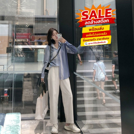 ล้างสต็อก🎀 HHB2790 เสื้อเชิ้ตคอปกลายทางแขนยาวผู้หญิงมีกระเป๋า 1 ข้าง เสื้อสไตล์เกาหลีวินเทจ ทรงสวย เ