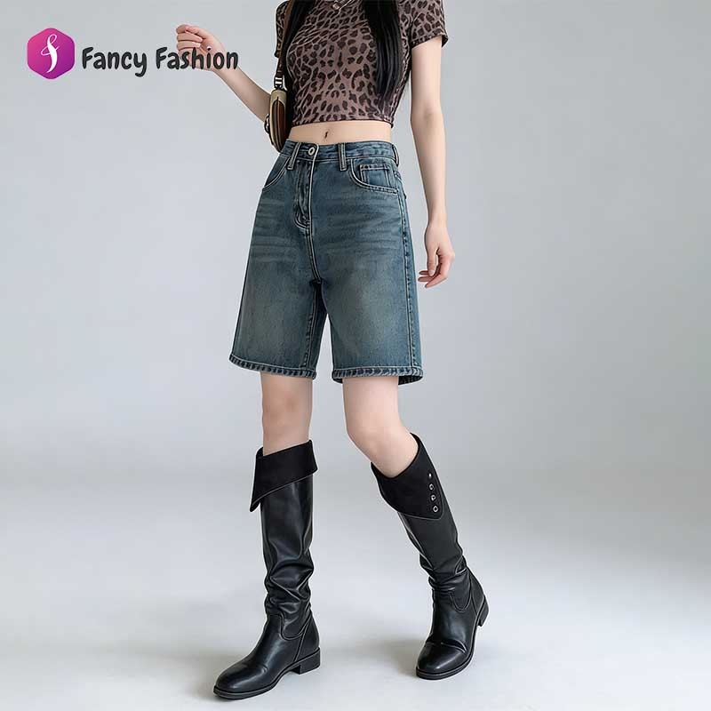 Fancy Fashion กางเกงยีนส์ชอตขาสูง แคตต์ลาวส์ ล้างย้อนวินเทจ ทำขายาว สบายผสมผสานง่าย