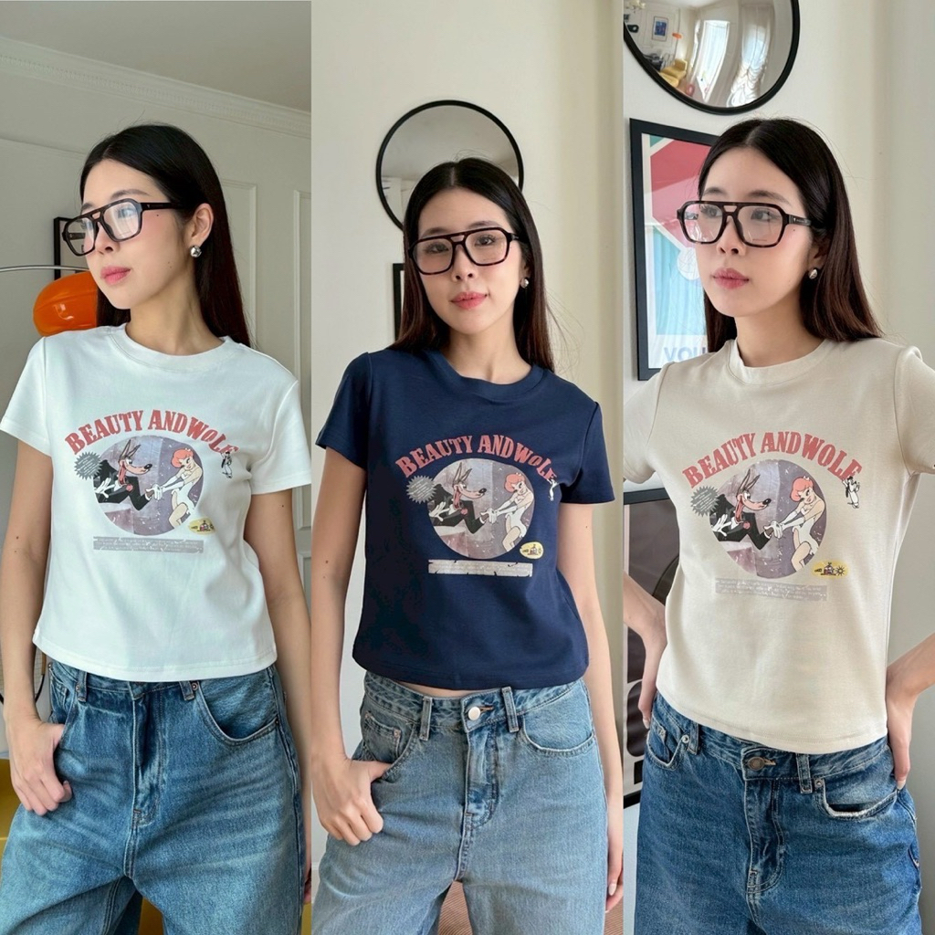 Beauty and wolf crop🤍  เสื้อยืดคอกลมแขนสั้นทรงครอป แบรนด์ดังเกาหลี ผ้ายืดหยุ่น ทรงสวย ใส่สบาย