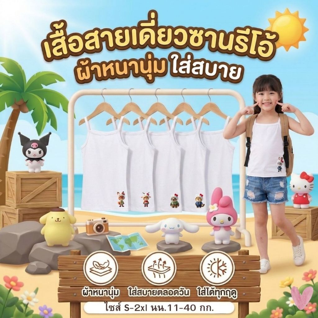 เสื้อสายเดี่ยวเด็ก เสื้อซับในเด็กสีขาว ผ้านุ่มใส่สบายซักแล้วไม่ยับ 10-40กก.