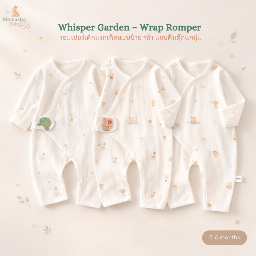 [Mamasha] ชุดรอมเปอร์เด็กแรกเกิดป้ายหน้า แบบตีนตุ๊กแกนุ่ม รุ่น Whisper Garden บอดี้สูทเด็กแรกเกิดแบบแขนขายาว