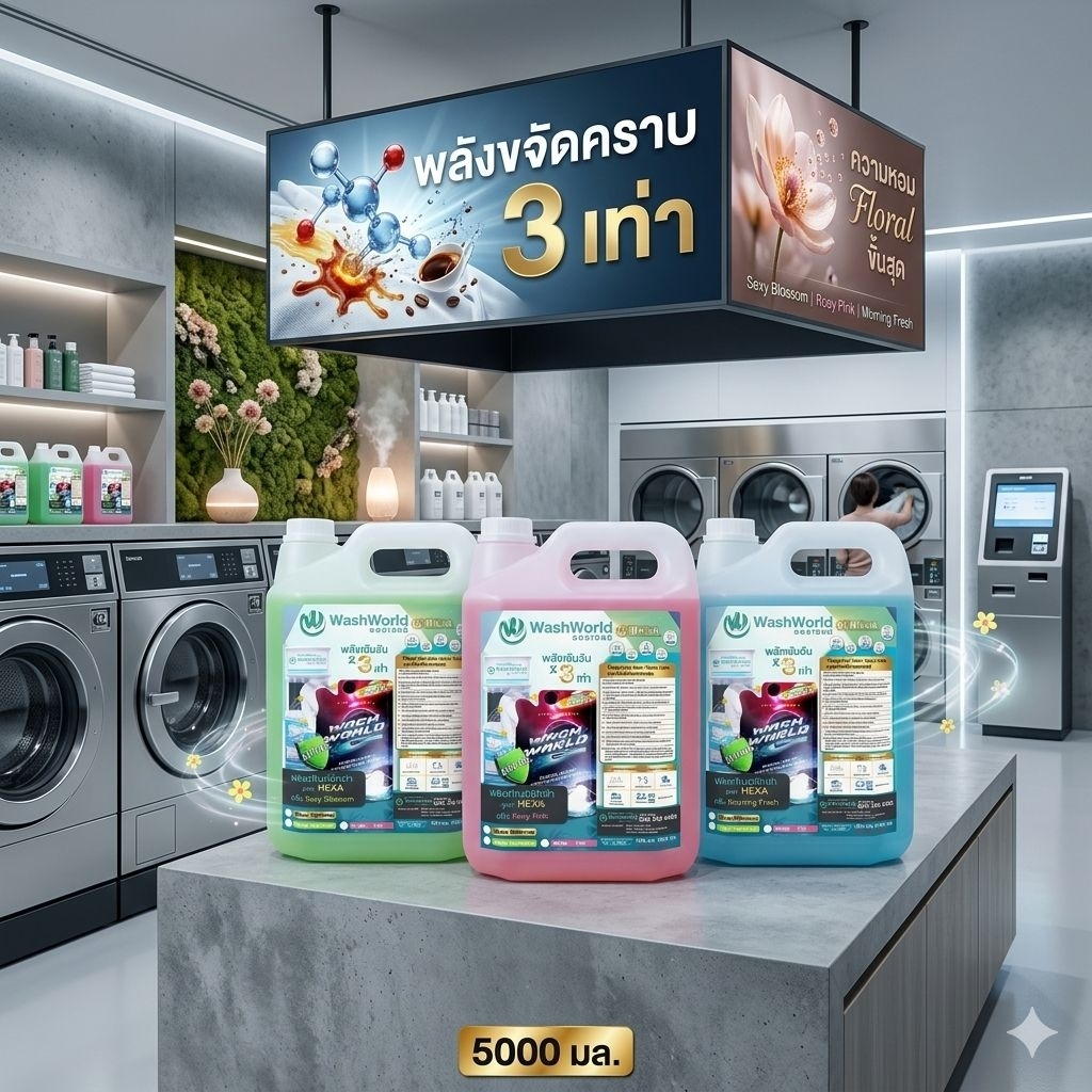 Wash World วอชเวิลด์สูตรใหม่"พรีเมี่ยม" (HEXA) น้ำยาซักผ้า1x 5,000ml.