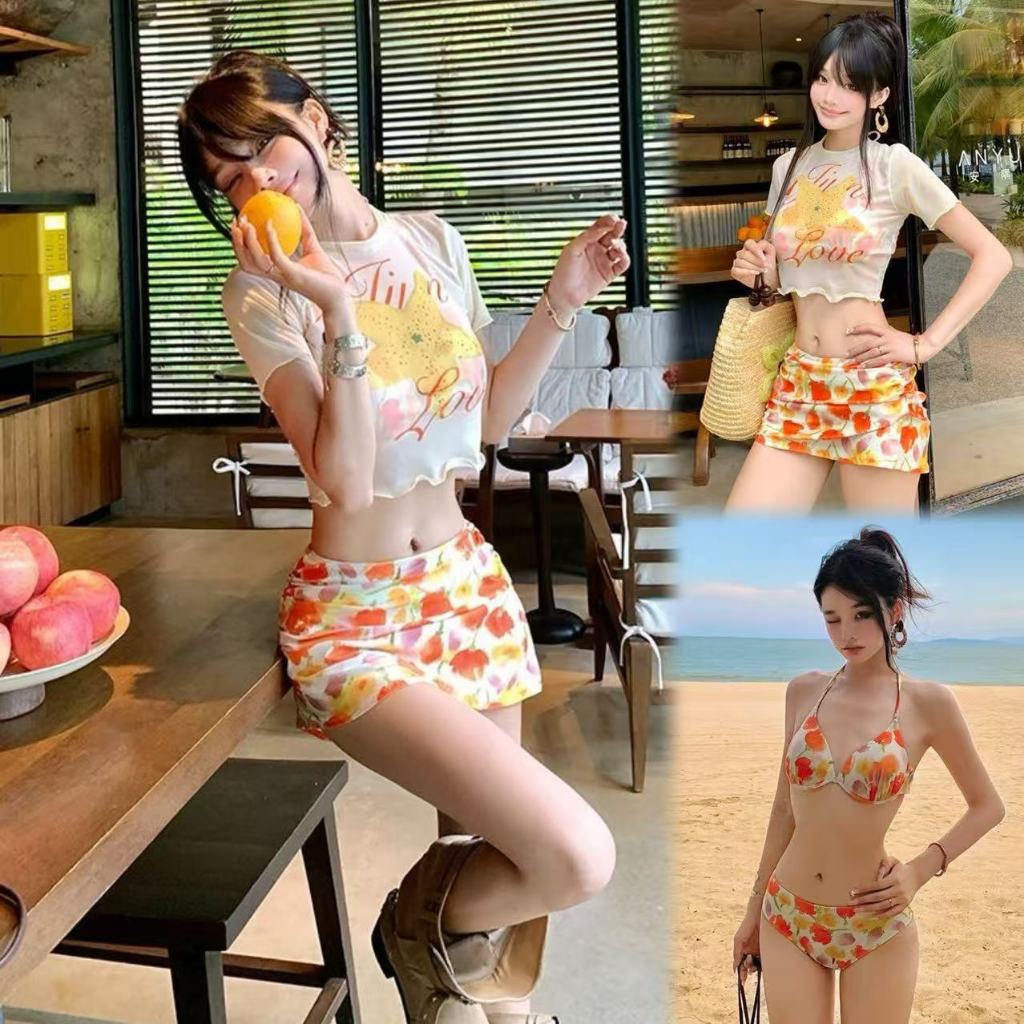 🌸พร้อ​มส่ง🌸ชุดว่ายน้ำบิกินี่ ชุดว่ายน้ำสตรี 4 ชิ้น การพิมพ์ กระโปรงสั้นเซ็กซี่ รูปแบบใหม่ beach