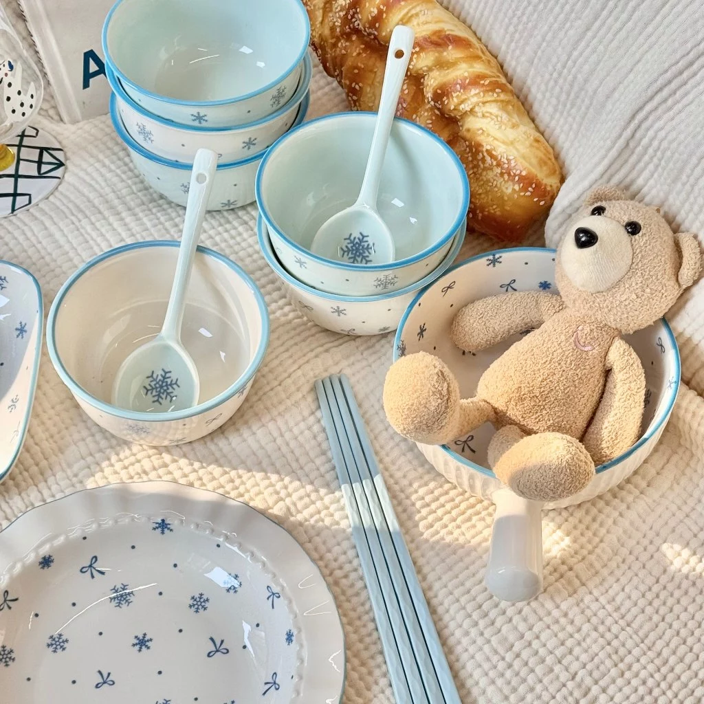 ชุดชามเซรามิก Snow ชุดใหม่สำหรับใช้ในครัวเรือน คุ้มค่า เหมาะสำหรับรับประทาน ชามข้าว จาน ชามโยเกิร์ต thumbnail 6