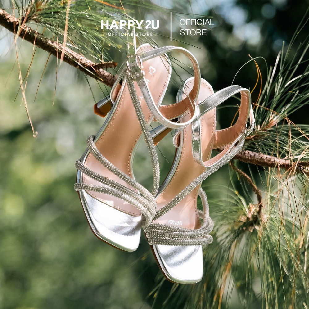 HAPPY2U Peony Cross Glitter Heels รองเท้าส้นสูงรัดส้น รองเท้าส้นสูงสำหรับงานแต่ง