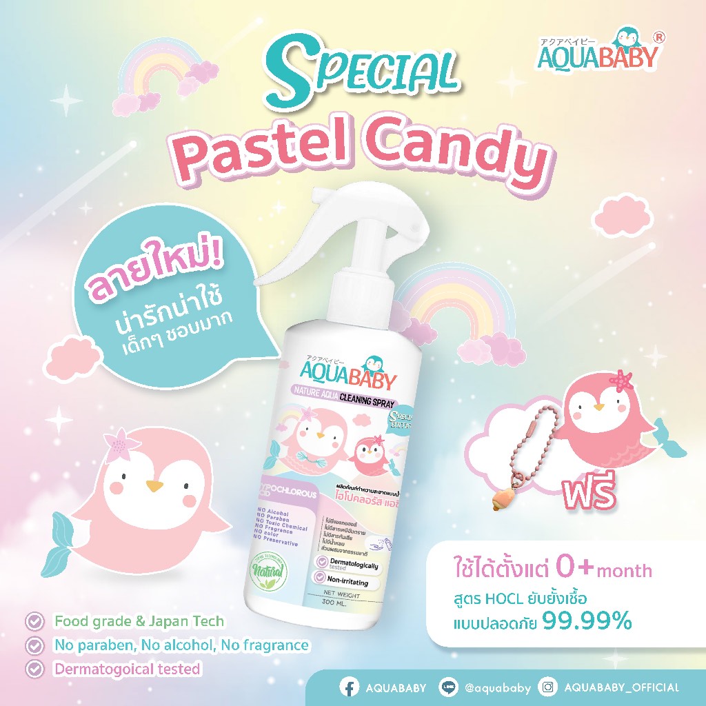 ใหม่! Pastel Candy Special Edition สเปรย์ทำความสะอาดผิวกายสำหรับเด็ก AQUABABY(ขนาด300mlลายเงือกน้อย)