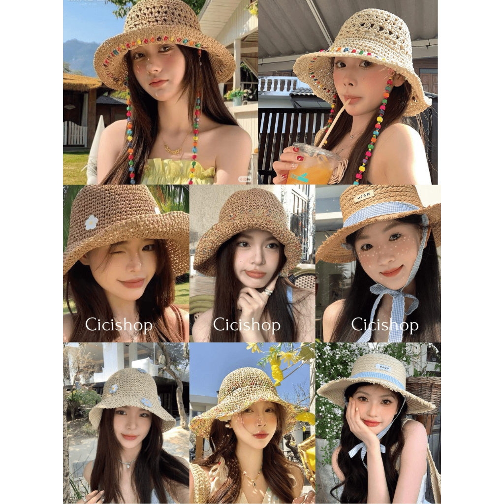 Cicishop(CM1027/290/167)หมวกฟางสานกันแดด ทรงบักเก็ต ระบายอากาศได้ดี ใส่ไปทะเลคือปังมาก