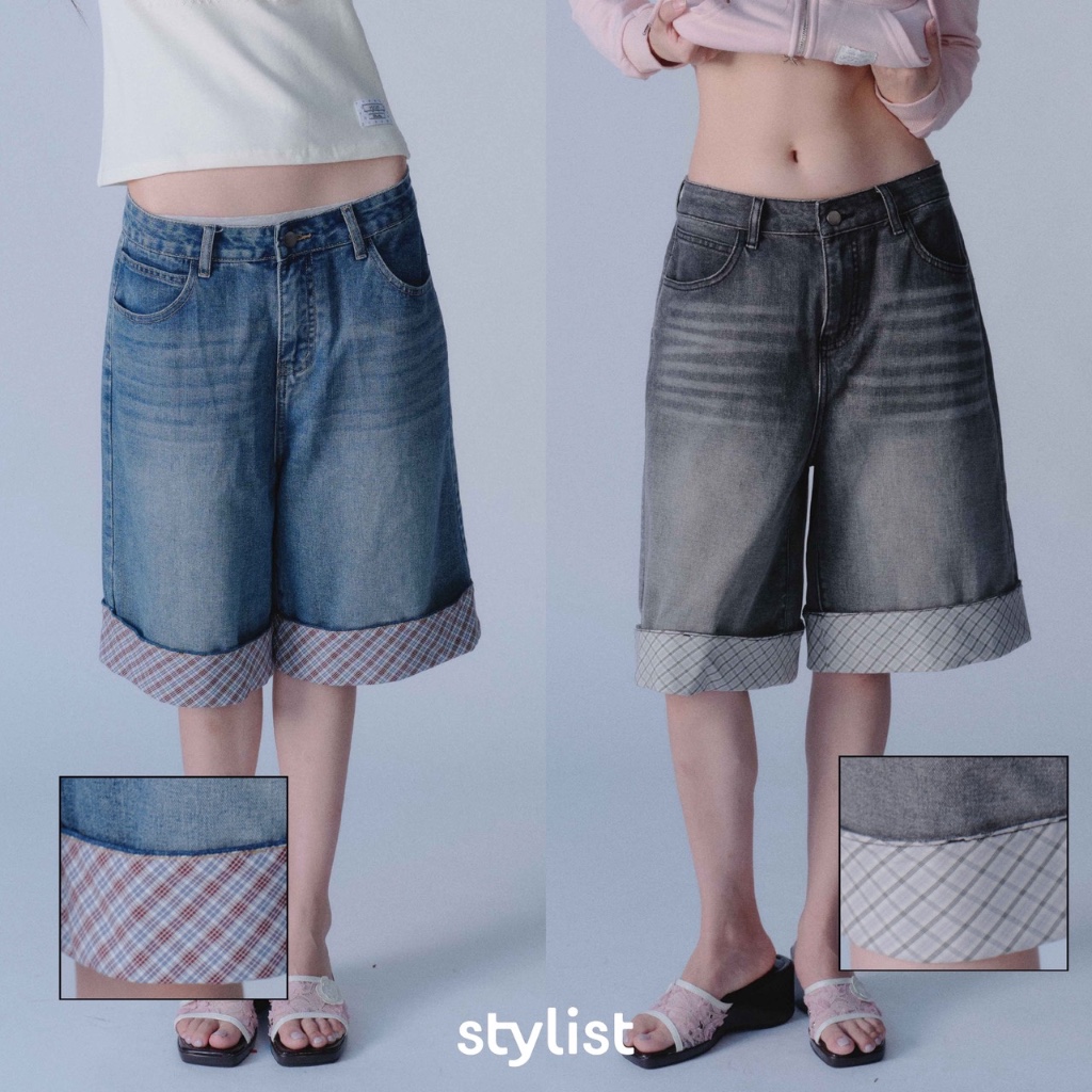 STYLIST x Brinkkty - Jeans-Megan-008  - กางเกงยีนส์สามส่วนตัดต่อลายสก๊อต