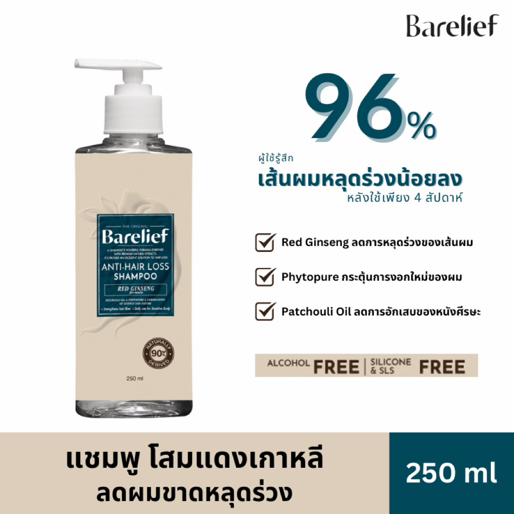 (แบรนด์ไทย/ผลิตไทย) แบร์รีลีฟ แชมพูลดผมร่วง เพิ่มผมหนา ขนาด 250มล. | Barelief Red Ginseng Anti-Hair 
