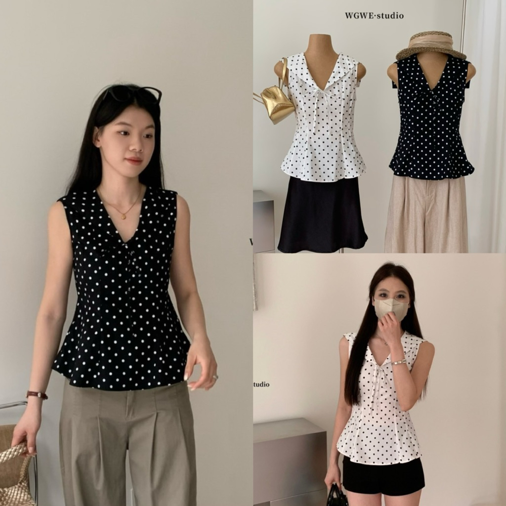 8946# เสื้อแขนกุดปกกะลาสี ลาย polka dot งานซิปข้าง เนื้อผ้าดีทรงสวย TAG:WG.WE 🇰🇷