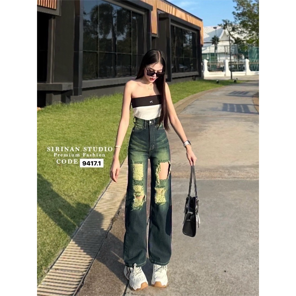 Sirinan Studio กระบอกขาตรงผ้าไม่ยืดพรีเมี่ยม ทรงสวยแต่งขาดเซอร์ 🥰