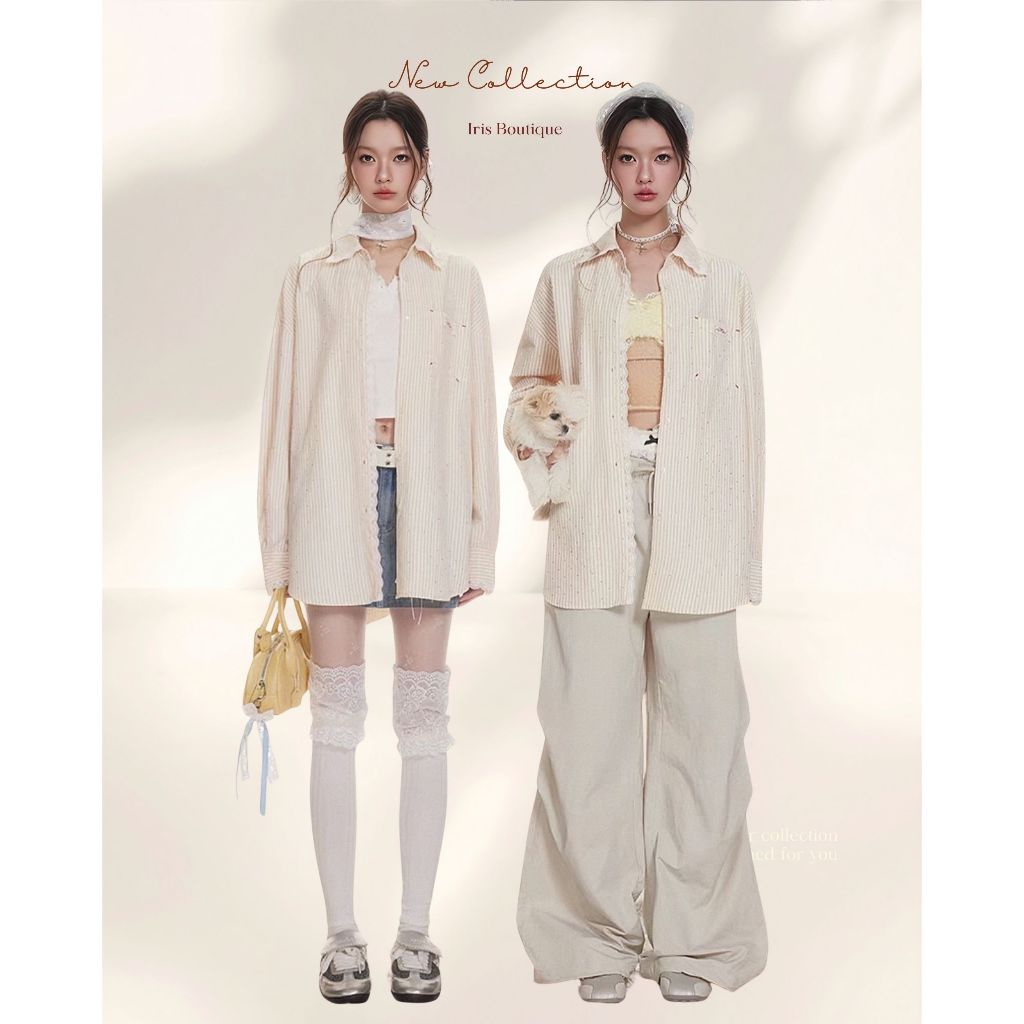 พร้อมส่งสีชมพู「สินค้าลิขสิทธิ์แท้」IRIS IS25804 Mona line shirt เสื้อผ้าผู้หญิง เสื้อแขนยาว เสื้อคลุม ลายทาง