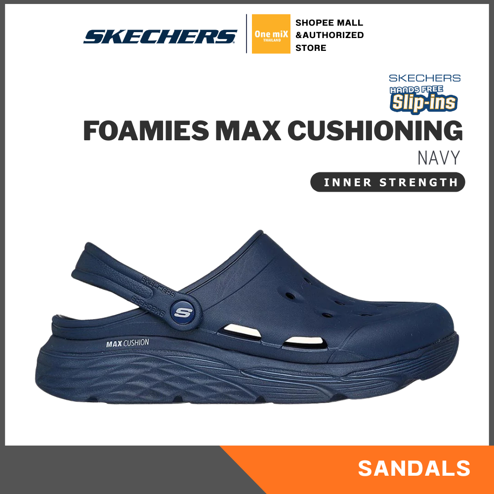 SKECHERS Men's Foamies Max Cushioning - Inner Strength (Navy) รองเท้าแตะรัดส้นผู้ชาย เสริมสูง 5 ซม. สเก็ตเชอร์
