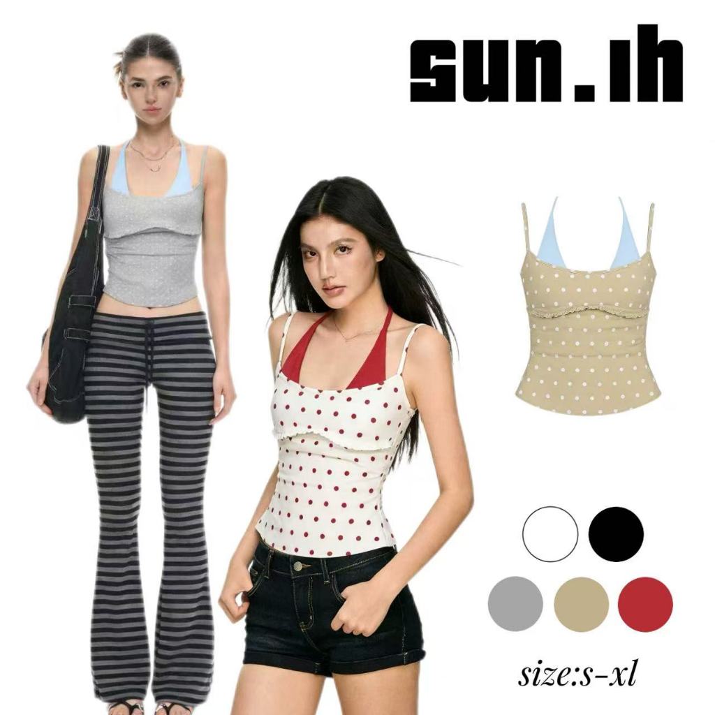 SUN🛍️พร้อมส่ง🛍️เสื้อสายเดี่ยวทรงทันสมัยแบบผูกคอ ลายจุดสีตัดกัน ดีไซน์คล้ายเสื้อสองชิ้น