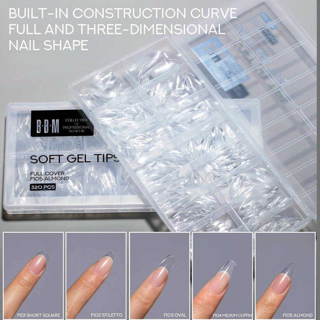 BBM🇨🇳 Soft Gel Tip PVC #F101-105 C-curve ปลายหนา 5ทรง 16size/320pcs. ใช้ต่อเต็มเล็บด้วยกาว/กาวเจล