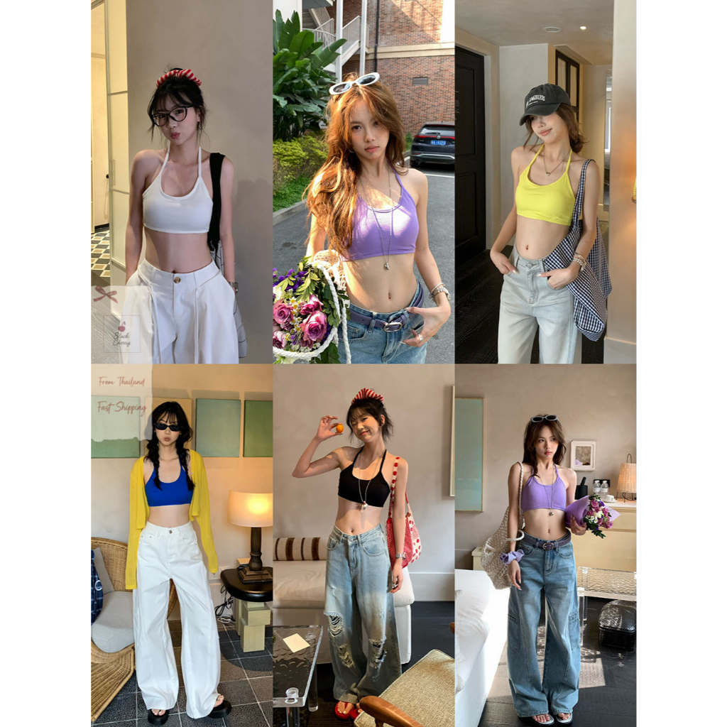 เสื้อสายเดี่ยวผู้หญิง ครอปท็อป คล้องคอ เซ็กซี่ บราสายเดี่ยว แฟชั่นเกาหลี y2k ใส่เที่ยว |Black Cherry