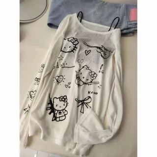 เสื้อยืดแขนยาวเปิดไหล่ลายคิตตี้สำหรับผู้หญิง เหมาะสำหรับฤดูใบไม้ผลิ ฤดูใบไม้ร่วง และฤดูร้อน ดีไซน์โดดเด่น ทรงหลวม ช่วยให